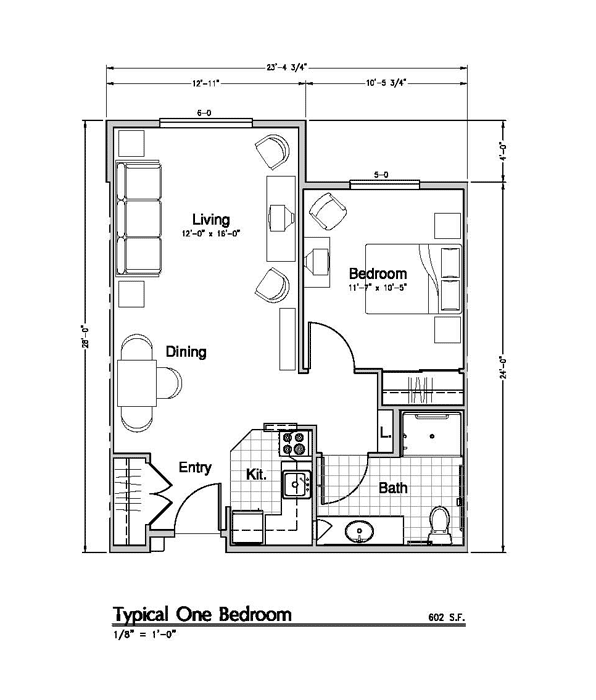 Floor plan for 1 bed, 1 bath, 600 sqft